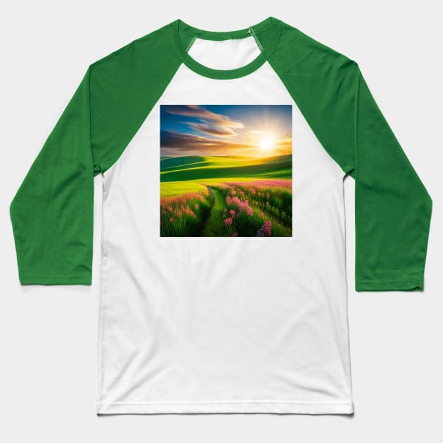 Grassy Meadow with Pink Wildflowers Nature Landscape Baseball T-Shirt by bragova